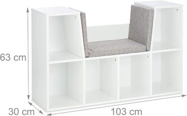 Дитяча книжкова полиця з м'яким сидінням Relaxdays, 6 відділень, 63x103x30 см, біла, для дитячої кімнати