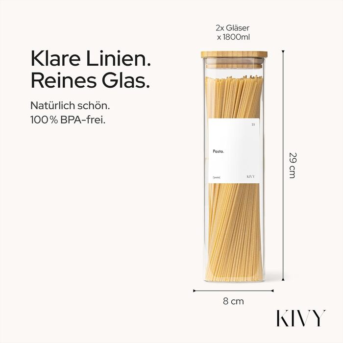 Набір скляних герметичних контейнерів для зберігання продуктів KIVY з бамбуковими кришками, квадратні, 2 шт по 1800 мл, з етикетками