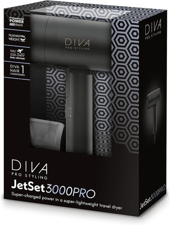 Компактний професійний фен для волосся Diva Pro Styling Jet Set 3000, легкий, дорожній, чорний
