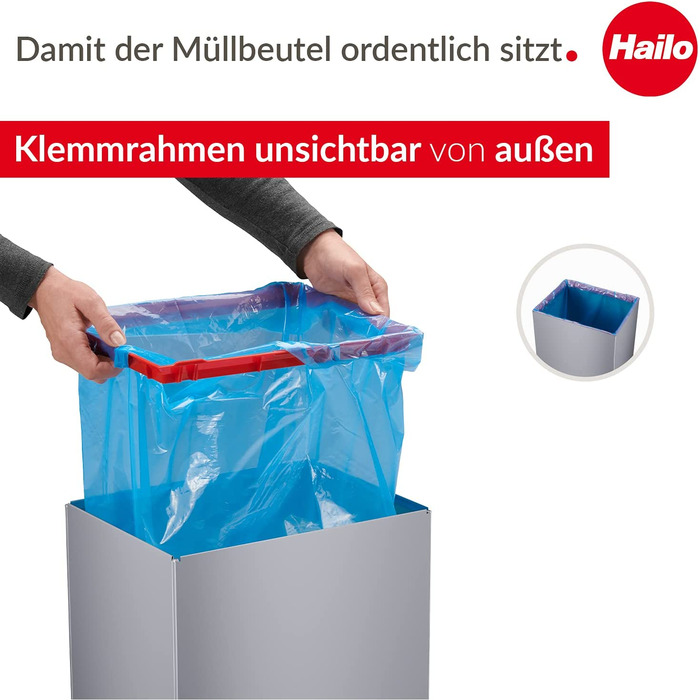 Смітник Hailo Big-Box Swing XL 52 л з автозакриванням, сталевий, прямокутний, для кухні, сріблястий, Німеччина