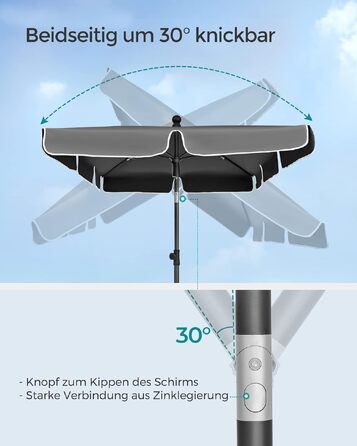 Парасолька від сонця SONGMICS 180 x 125 см для балкона та тераси, захист UPF 50+, регульована висота та нахил 30°, сіра, без стійки, GPU180G01