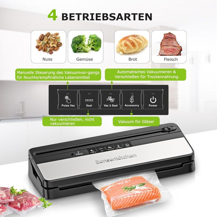 Вакууматор для продуктів Bonsenkitchen для сухих та вологих продуктів з вбудованим різачем, чорний (комплект з рулоном та пакетами)