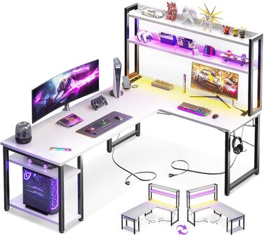 Кутовий письмовий стіл ODK L-подібний білий з LED, USB, розеткою, для геймінгу та домашнього офісу, 150×120 см