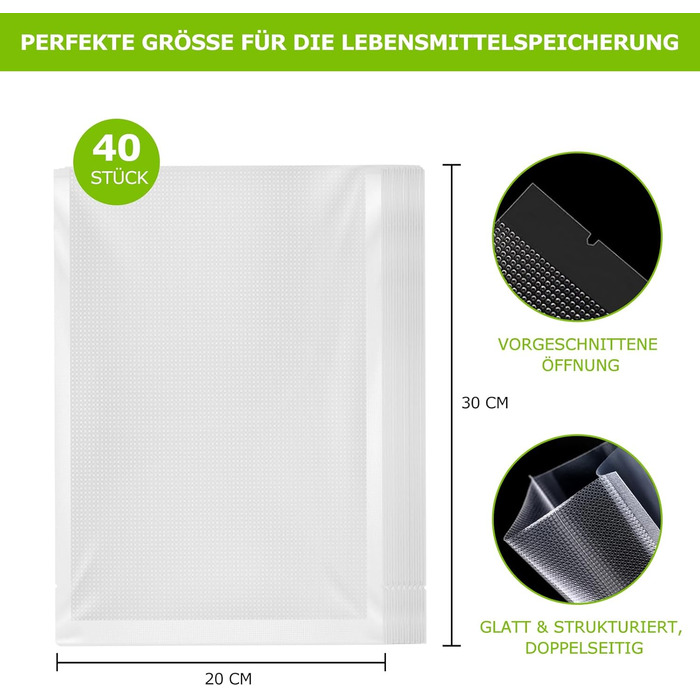 Пакети вакуумні Bonsenkitchen Profi VB3205 (20x30 см, 40 шт) для харчових продуктів, Sous Vide, вакуумних апаратів, без BPA