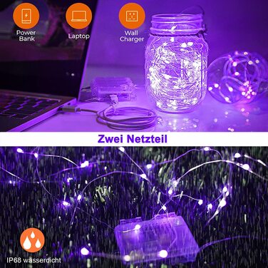Гірлянда StarryEver 50 LED UV, 5 м, на батарейках та USB, фіолетове ультрафіолетове світло, для декору, вечірок та Хелловіну, з пультом ДУ, мідний дріт, для дому та вулиці