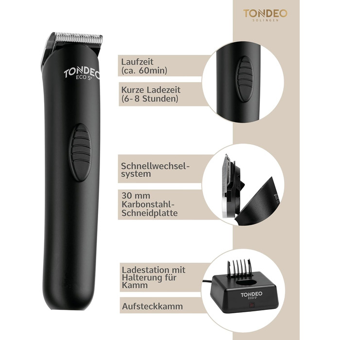 Професійна машинка для стрижки волосся TONDEO ECO S PLUS BLACK з акумулятором, зарядною станцією та насадками для 4 довжин стрижки