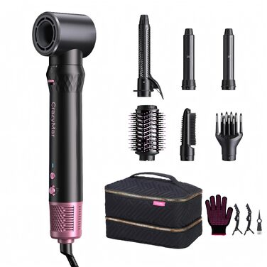 CrazyMar Airstyler 7-в-1: Фен-щітка з іонізацією, автоматичний стайлер для волосся, випрямляч та плойка (чорний)