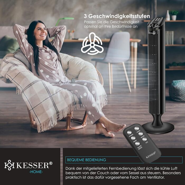 Вентилятор вежний KESSER з пультом дистанційного керування, 90 см, 3 швидкості, таймер, турбо-режим, чорний