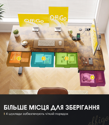 Регульований кутовий стіл OffiGo 160x80 см з 4 ящиками, електричний, для офісу/кабінету, коричневий, вінтажний стиль