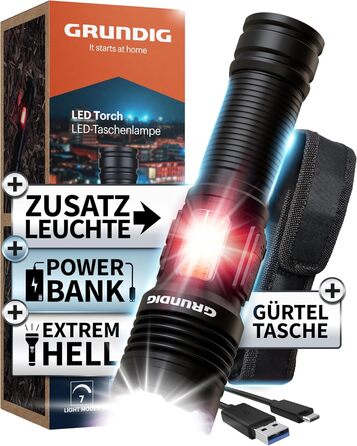 Ліхтарик GRUNDIG LED акумуляторний, надяскравий, з іонною технологією, аварійною USB-зарядкою, додатковим робочим світлом, міцний алюмінієвий корпус, потужний Li-акумулятор