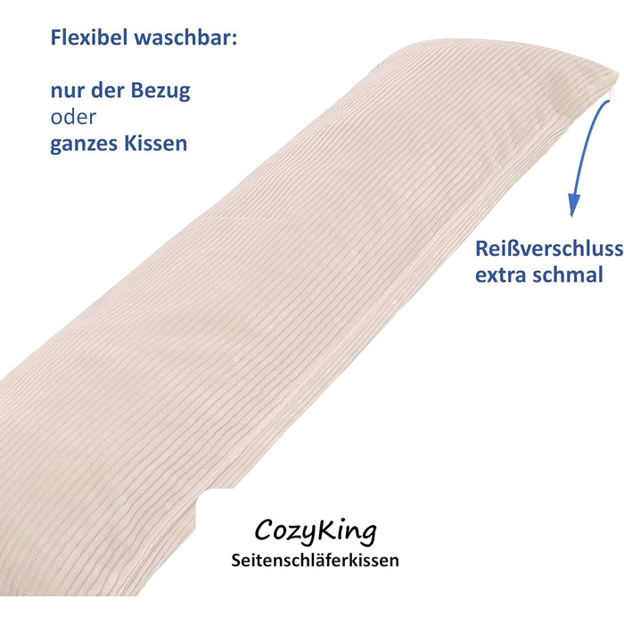 Подушка для сну на боці 200x40 см Cord Beige/Cream, Öko-Tex, 40°C, вагітним та для годування