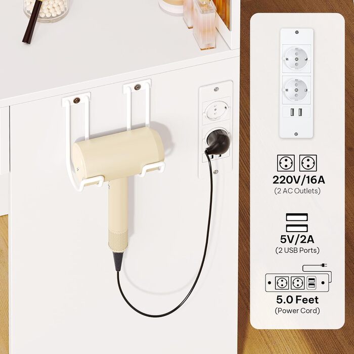 Косметичний стіл YITAHOME з LED підсвіткою, дзеркалом, 3 шухлядами, 2 полицями, регулюванням яскравості, білий