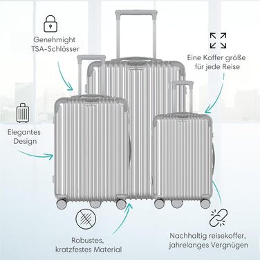 Набір валіз Voyagoux 3 шт (40л, 72л, 116л) сріблястий - ударостійкий ABS пластик, TSA замок, 4 колеса