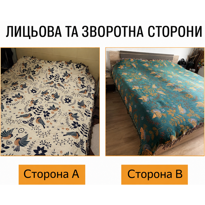 HOORDRY бавовняна плед-покривало 230×250 см двосторонній, бохо, з китицями, синій/бежевий, м'який для дивана, ліжка, крісла Blue Bird