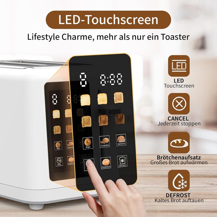 Тостер aeco toastlab Elite на 2 тости, з підставкою для булочок, широкі слоти, 6 рівнів підсмажування, 10 програм, 850W, LCD-дисплей, функція підйому, розморожування, піддон для крихт (MAX)