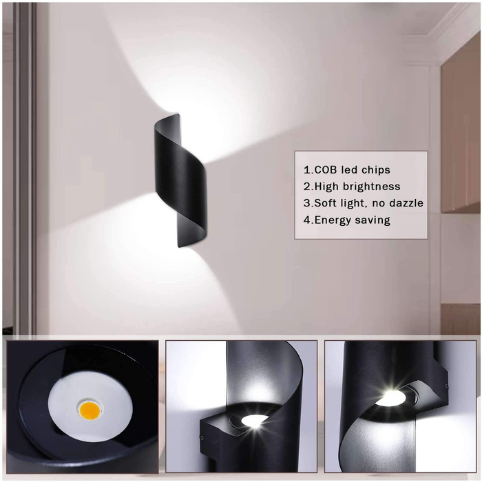 Світильник Lightess 12W LED для внутрішнього та зовнішнього освітлення, чорний, настінний, сучасний дизайн, IP66, алюміній, холодне біле світло, для коридору, сходів, вітальні, спальні