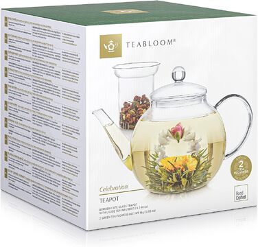 Скляний чайник Teabloom з вийманим ситом, термостійкий заварник з боросилікатного скла 1.2 л, мікрохвильовий, з 2 чайними квітками