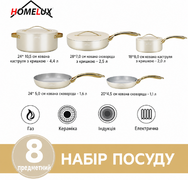 Набір каструль і сковорідок HOMELUX для індукції, 8 предметів, з скляними кришками, білий