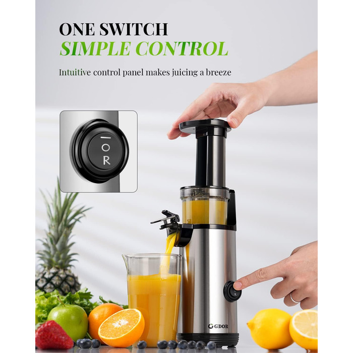Соковитискач GDOR компактний, потужний Slow Juicer для овочів і фруктів, 600 мл, тиха робота, легке очищення, BPA Free, щітка в комплекті, висока віддача соку