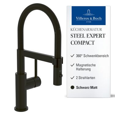 Змішувач кухонний Villeroy & Boch Steel Expert Compact, чорний матовий, з висувним гусаком та перемикачем, висота 143мм
