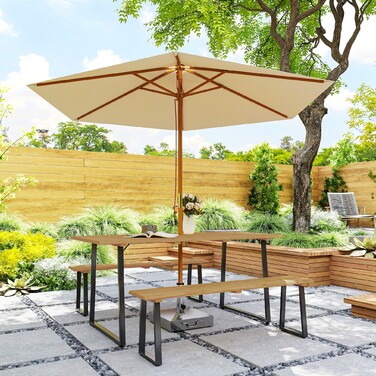 Outsunny Seating Group Дерев'яний обідній набір з 3 предметів на 6 персон Обідній стіл з 2 лавками Парасолька Отвір Обідній набір з дерев'яним столом Набір кухонних столів Балконні меблі Садові меблі для тераси, балкон Натуральне дерево