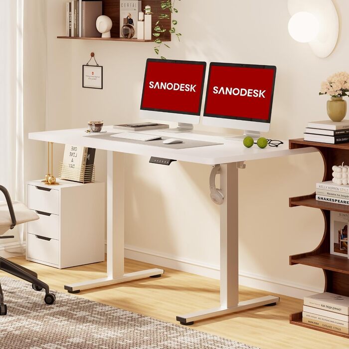 Електричний регульований стіл SANODESK з цільною стільницею 160x80 см, білий - з пам'яттю та гачком