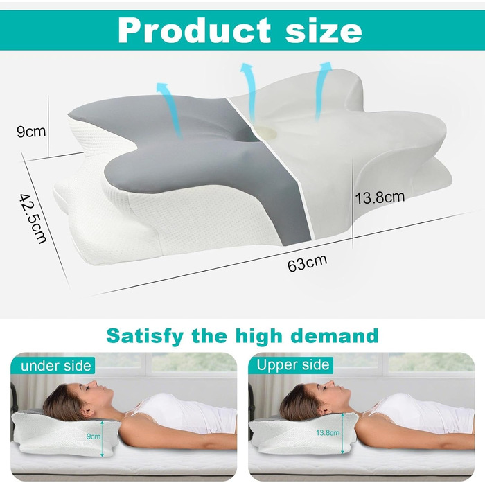 Ортопедична подушка з піни Memory Foam для шиї та голови 63x42.5x13.8/9 см, ергономічна для сну на боці, спині та животі