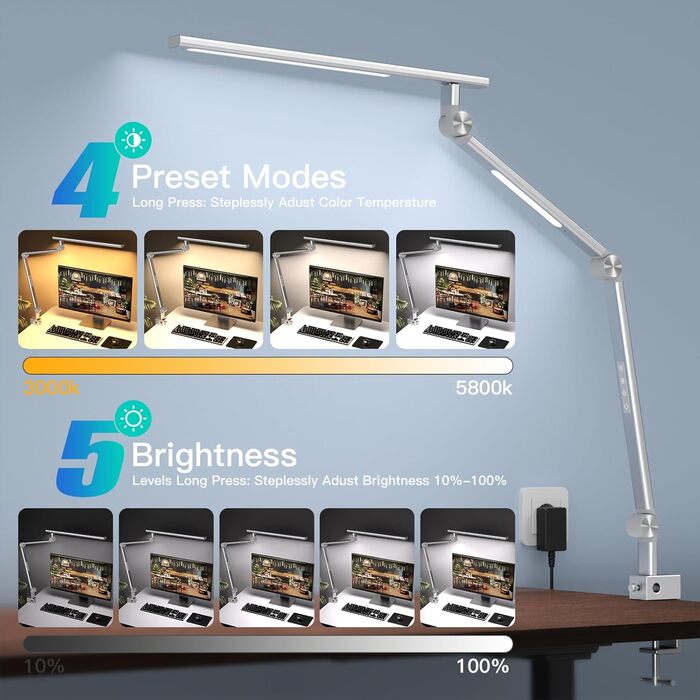 Настільна лампа VERSKI LED 18W, диммована, з подвійним джерелом світла, для домашнього офісу, зі світлодіодами, кліпсою, захистом очей, регулюванням яскравості та 5 кольоровими температурами, срібляста