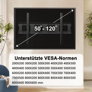 Фіксований настінний кронштейн для телевізора 50-120 дюймів, VESA до 900x600мм, витримує до 125кг, для вигнутих та плоских екранів