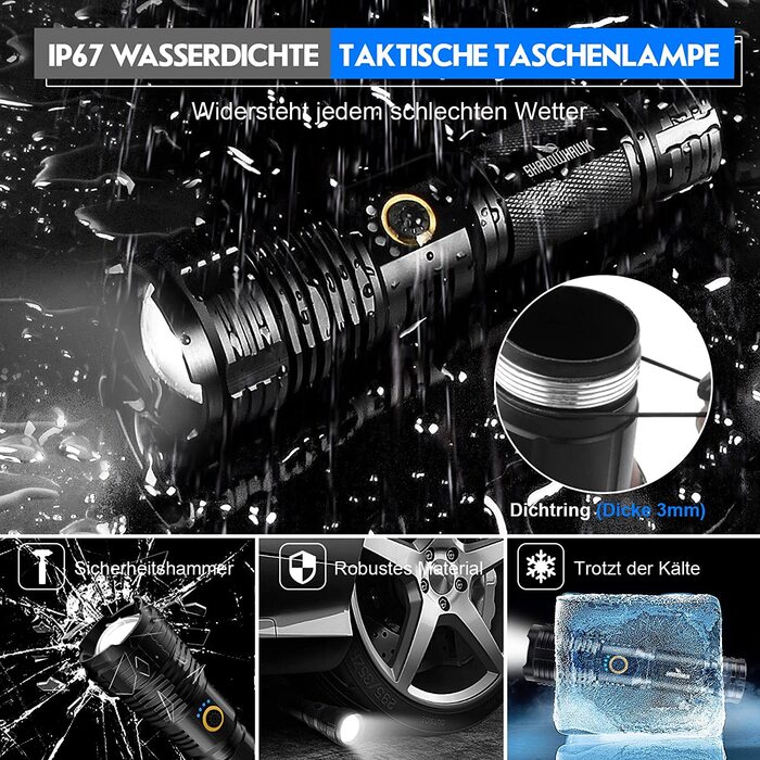 Ліхтарик Shadowhawk LED, акумуляторний, 20000 люмен, тактичний, USB-зарядка, XHP70.2, водонепроникний IP67, з чохлом, для кемпінгу, екстрених ситуацій, чорний