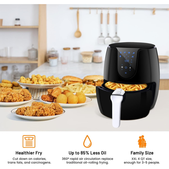 Аерофритюрниця Vpcok Direct XL 3,5 л, 1500 Вт, 6 програм, LED-екран, без масла, з кулінарною книгою, легке очищення