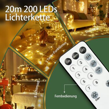 Світлодіодна гірлянда вулична 50м (200 LED), теплий білий колір, IP44 водонепроникна, з пультом керування, таймером та 8 режимами роботи (набір 2 шт), прозорий дріт