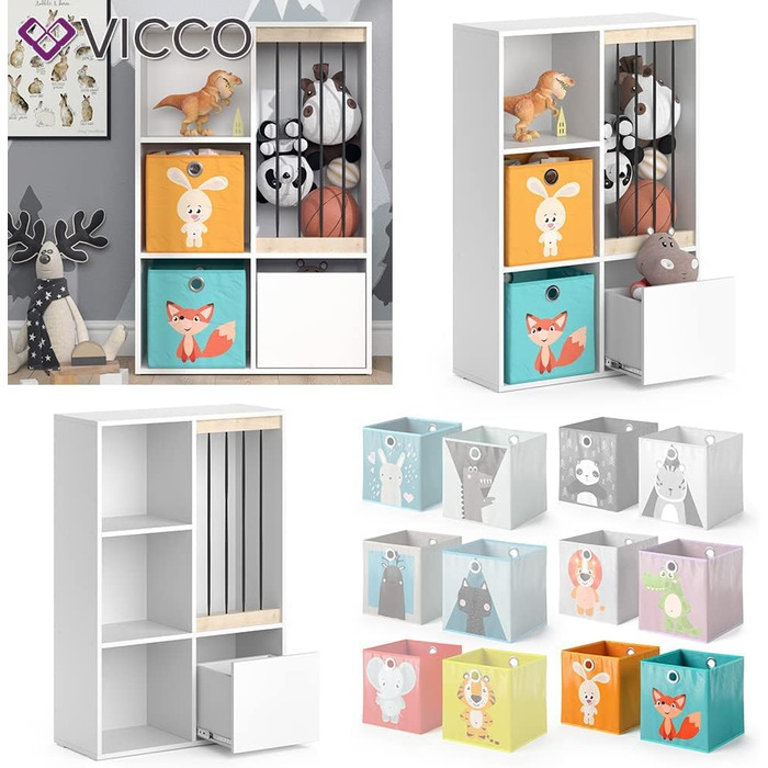 Дитяча полиця Vicco Luigi біла 72x107.8 см з 2 коробами, опція 1 107x114 см з 6 коробами