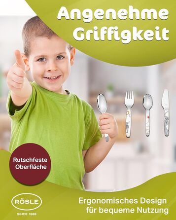 Набір дитячого посуду RÖSLE Kinderbesteck – 4 предмети з нержавіючої сталі 18/10, для дітей від 3 років, безпечний, можна мити в посудомийній машині, чудовий подарунок на хрещення, дизайн 'Маленький робот'