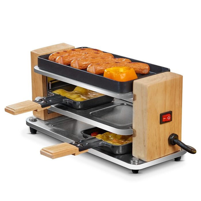 Расетіль Raclette Grill з антипригарною решіткою (2 особи) 550W, 4 пательні та дерев'яний шпатель