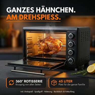 Міні-духовка Sommertal з конвекцією та аерофритюрницею 45л, 1800W: випічка, гриль, піца