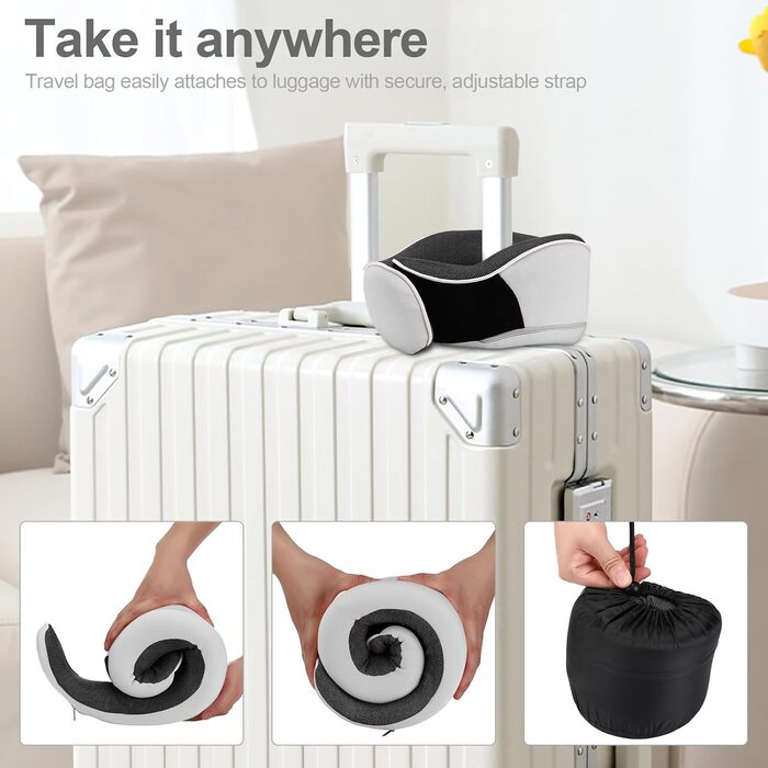 Ергономічна подушка для шиї Collazoey з ефектом пам'яті (Memory Foam) для подорожей, набір з маскою для сну, берушами та сумкою для зберігання, світло-сіра