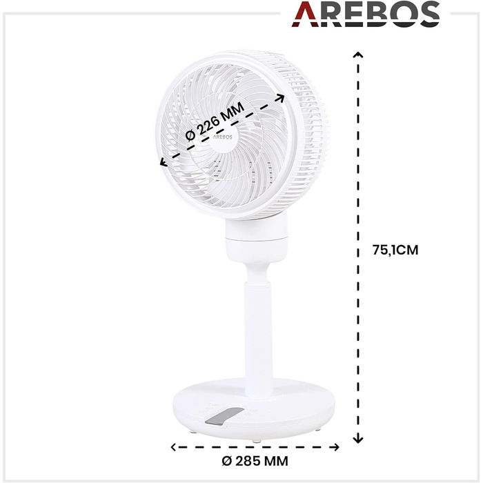 Вентилятор Arebos 55Вт, 3D осциляція, 23 см, тихий, регульована висота, 4 швидкості, таймер, дистанційне керування