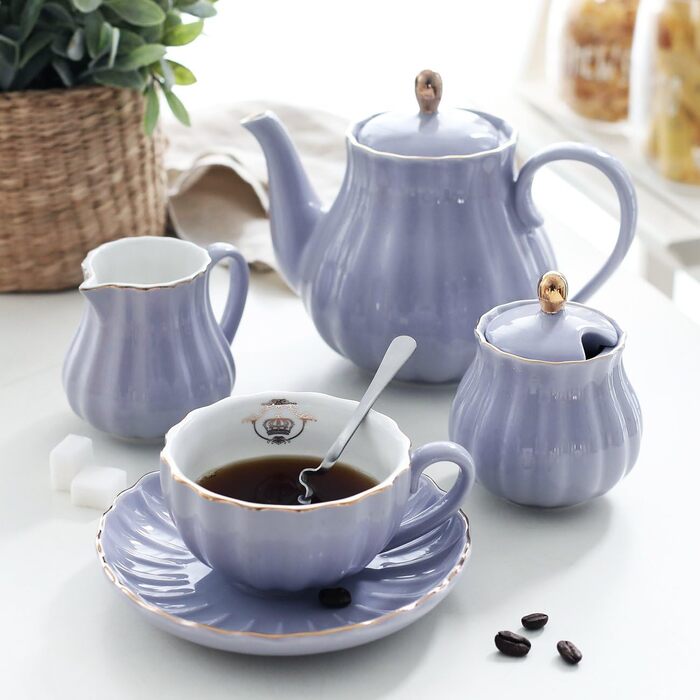 Чайний сервіс Sweejar Home Porzellan British Royal, 6 персон, з чайником, цукорницею, ложками та ситечком, для High Tea (FloralD), фіолетові чашки