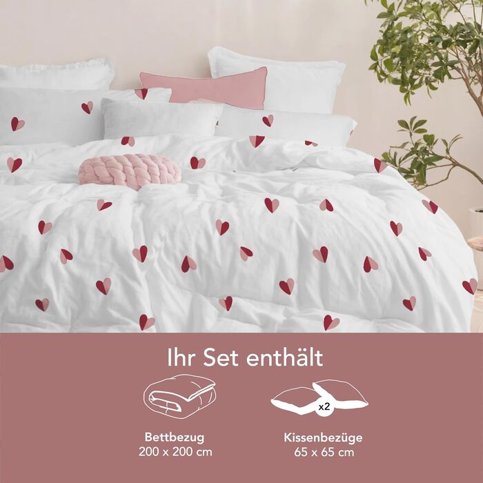 Комплект постільної білизни Dreamzie з мікрофібри, 4 предмети (135x200 см, 2 піднаковлення 80x80 см), з візерунком Серця, червоно-рожевий, Oeko-Tex сертифікований