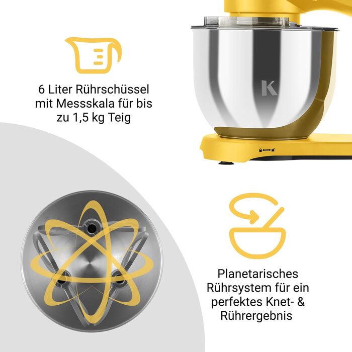 Кухонний комбайн KLAMER 1800W: планетарний міксер для тіста з чашею з нержавіючої сталі 6л, 10 швидкостей, таймером та набором насадок (Premium Yellow)