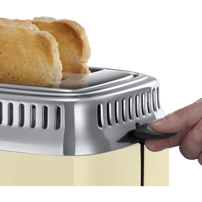 Тостер Russell Hobbs Retro 21680-56 нержавіюча сталь, 2 відділення, кремовий. З підставкою для булочок, 6 режимів, розморожування та підігрів, 1300 Вт
