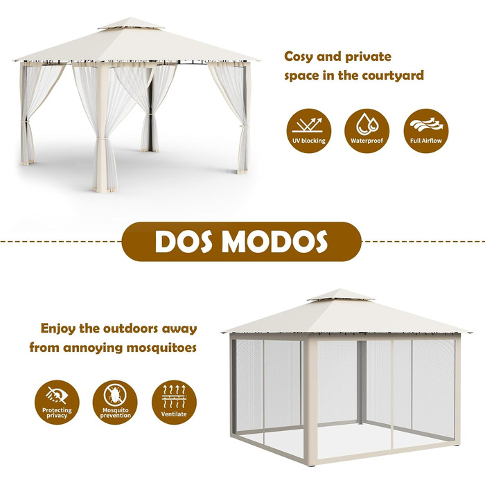 Альтанка садова Amopatio 3.4x3.4м, водонепроникна, зимостійка, з москітною сіткою, бежева. Пергола для тераси, басейну, вечірок