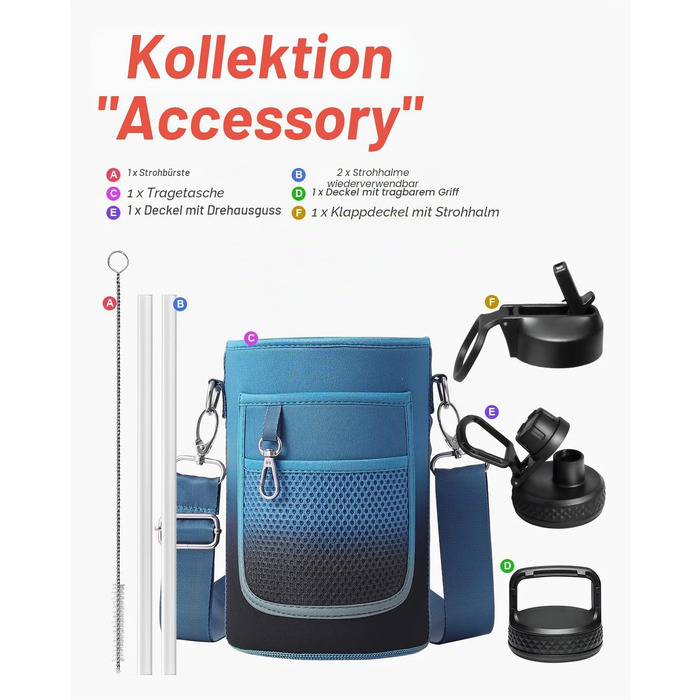 Термобутилка Coolflask 2Л зі сталі нержавіюючої з соломинкою та 3 кришками, вакуумний ізольований спорт-флакон для води та офісу, герметична, колір Indigo Black