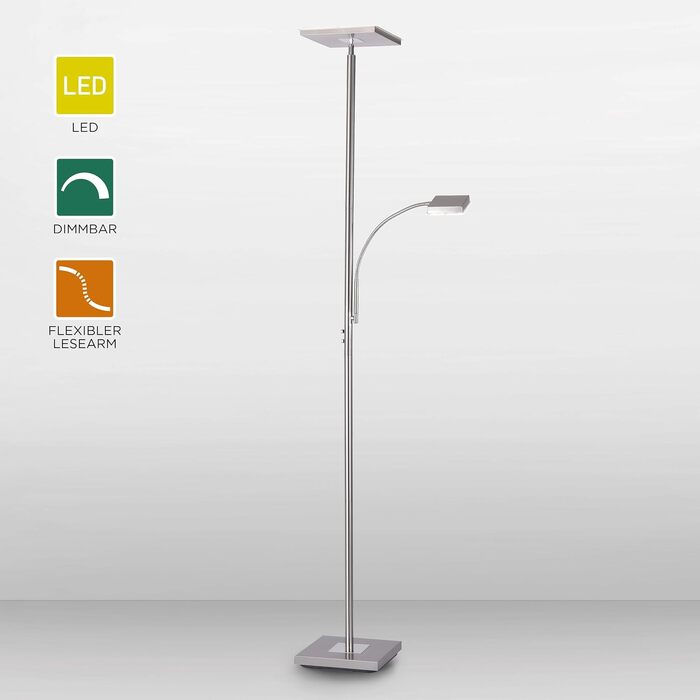 LED торшер SellTec з димером, стельовий світильник з регульованою лампою для читання, сенсорний димер, тепле біле світло, сучасний дизайн з нержавіючої сталі для вітальні, офісу та спальні, квадратний з лампою для читання