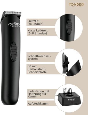 Професійна машинка для стрижки волосся TONDEO ECO S PLUS BLACK з акумулятором, зарядною станцією та насадками для 4 довжин стрижки