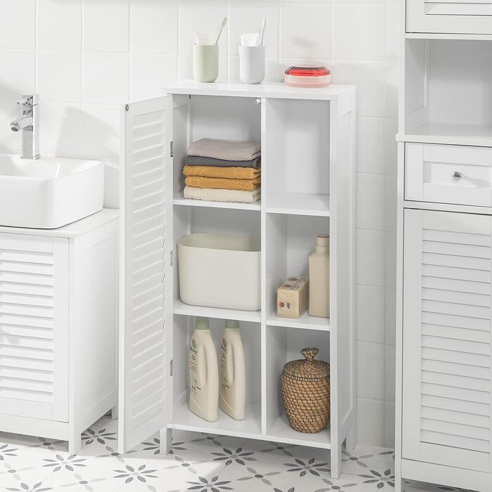 Шафа для ванної SoBuy BZR39-W з ламельними дверцятами, біла, 48x96x24 см – високий комод для зберігання, ванна кімната, меблі для ванної