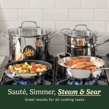 Набір посуду Cuisinart Ceramica XT 11 предметів: каструлі, сковороди, сотейник, пароварка. Керамічне антипригарне покриття з титаном, без PTFE, PFOA та PFAS. Нержавіюча сталь.