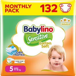 Дитячі підгузки Babylino Sensitive розмір 5 Junior (11-16 кг), 132 шт