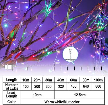 Світлодіодна гірлянда LED 800 світлодіодів, 80м, теплий білий колір, прозорий кабель, для внутрішнього та зовнішнього використання
